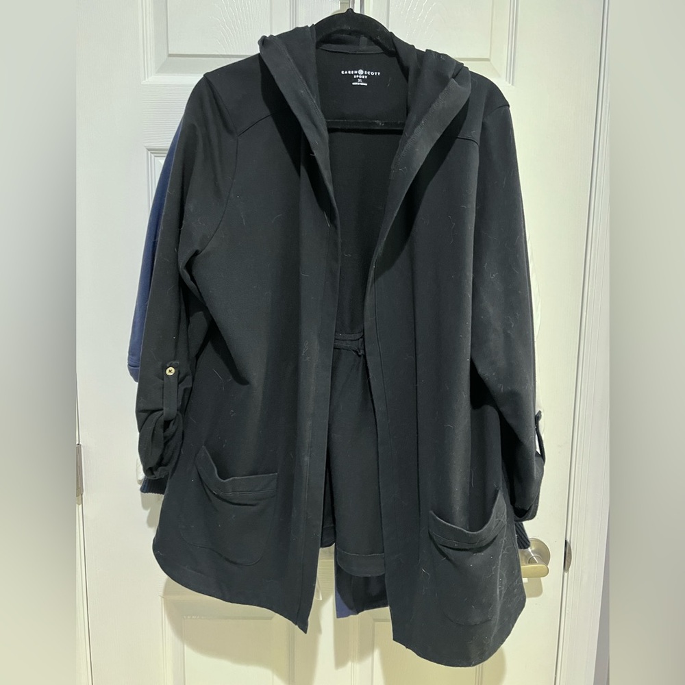 ☀️ Karen Scott Black Hooded Open-Front Lightweight Jacket